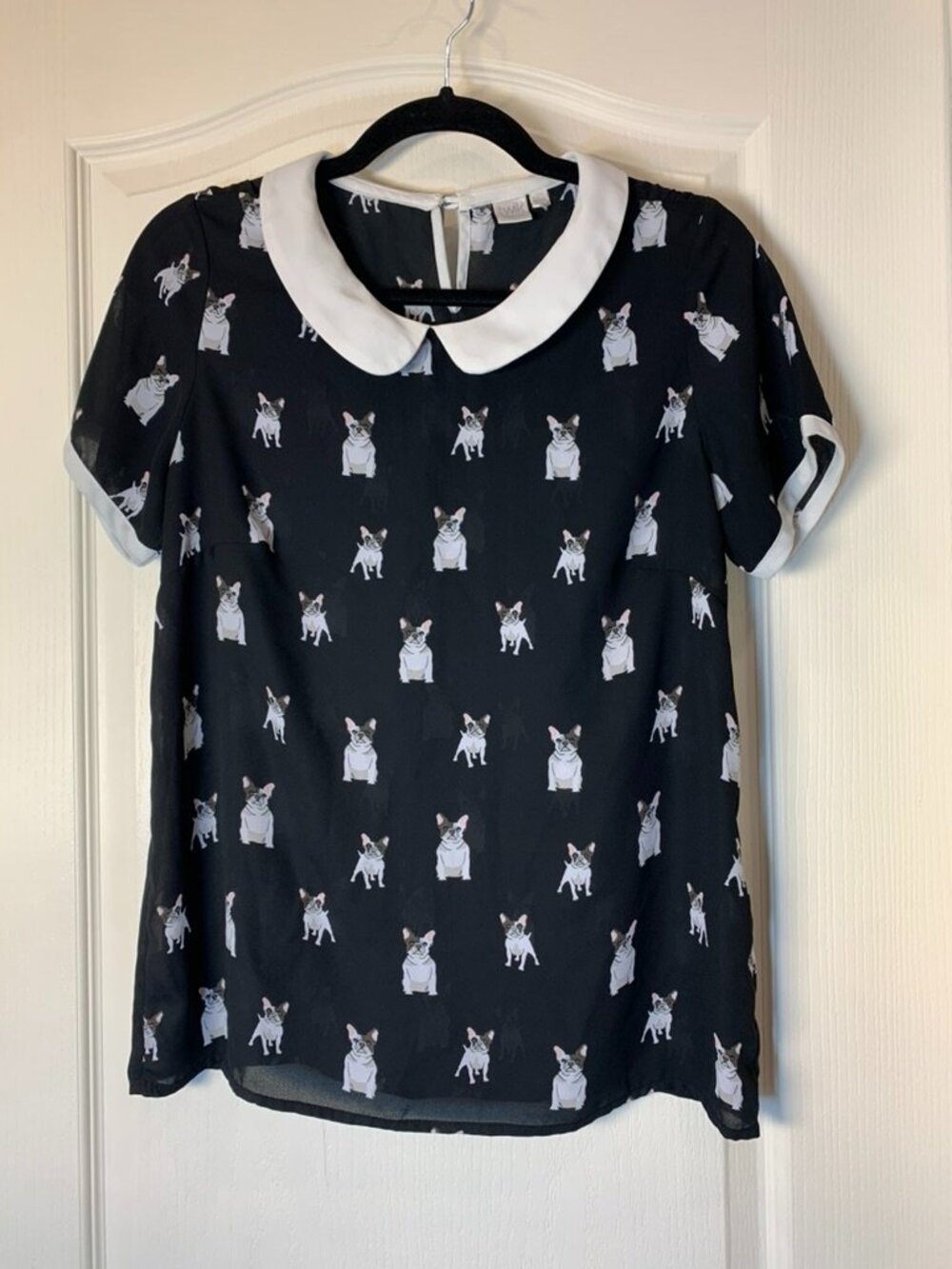 Twik by Simons Black French Bulldog Print Blouse with White Peter Pan Collar M